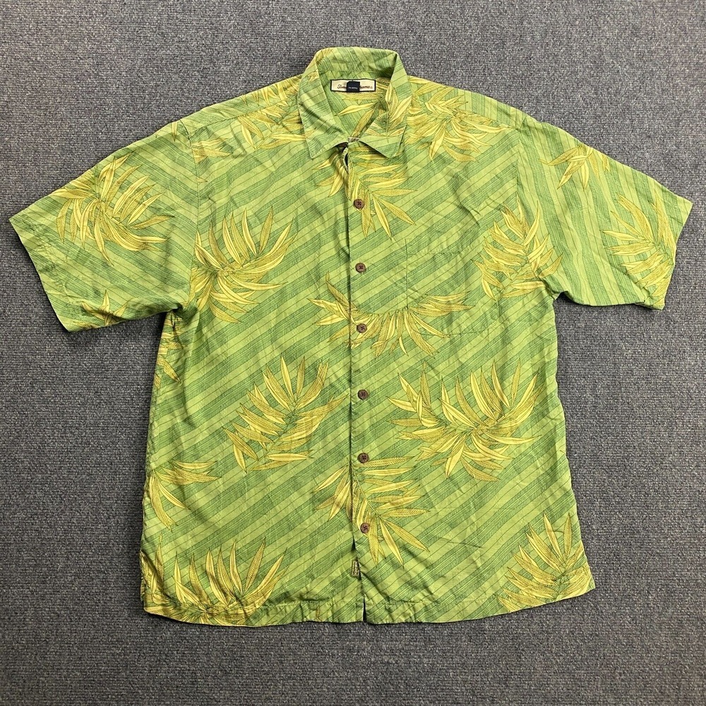 Tommy Bahama Hawaiian Shirt Men's Medium Green Striped Floral 100% Silk Adults